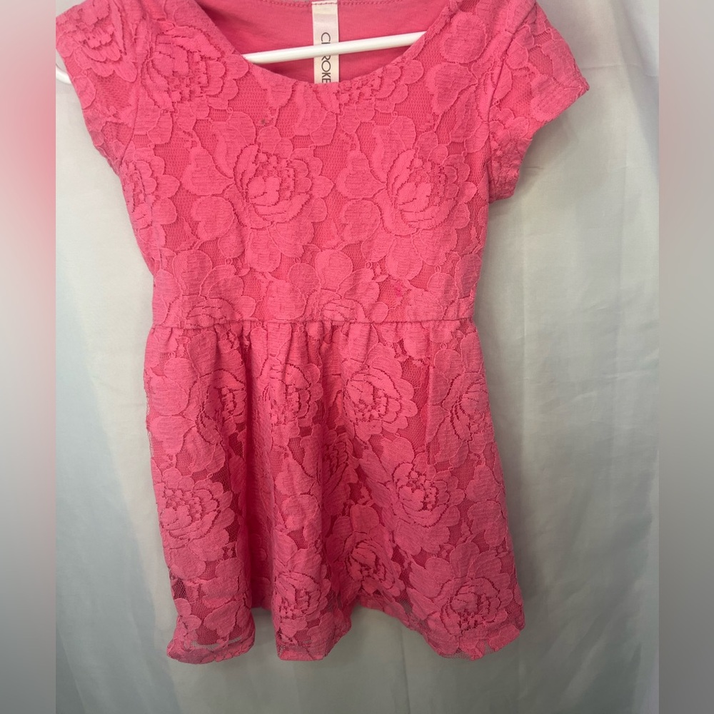 Cherokee Pink Floral Embroidered Fit Flare Round Neck Short Sleeve‎ Dress XS 4 5